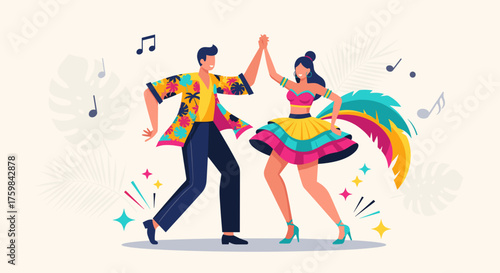 Couple engaging in vibrant salsa dance with colorful outfits and festive atmosphere against a light backdrop