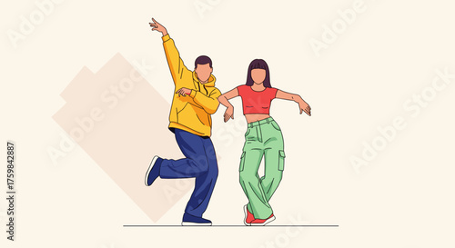 Two dancers showcasing vogue dance style with flair and confidence against a soft background