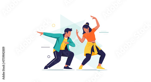 Two dancers expressing krump style with energy and attitude against a vibrant geometric background