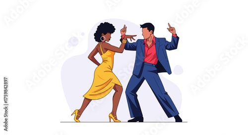 Couple dancing joyfully in colorful attire against a soft background with copy space