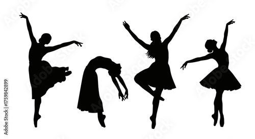 Silhouettes of ballet dancers in various poses on a white background