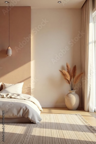 Serene home interior designed for meditation and relaxation; soft lighting, calming colors, peaceful atmosphere, ideal for mindfulness and yoga , furniture, escape