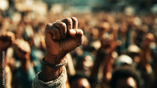 A raised fist against the crowd symbolizes strength, unity, and the fight for freedom and justice.
