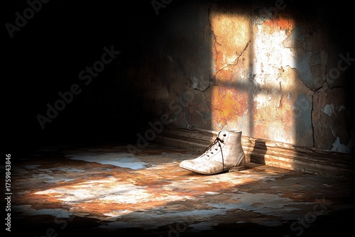 Old boot resting on a worn floor illuminated by sunlight streaming through a window in an abandoned space