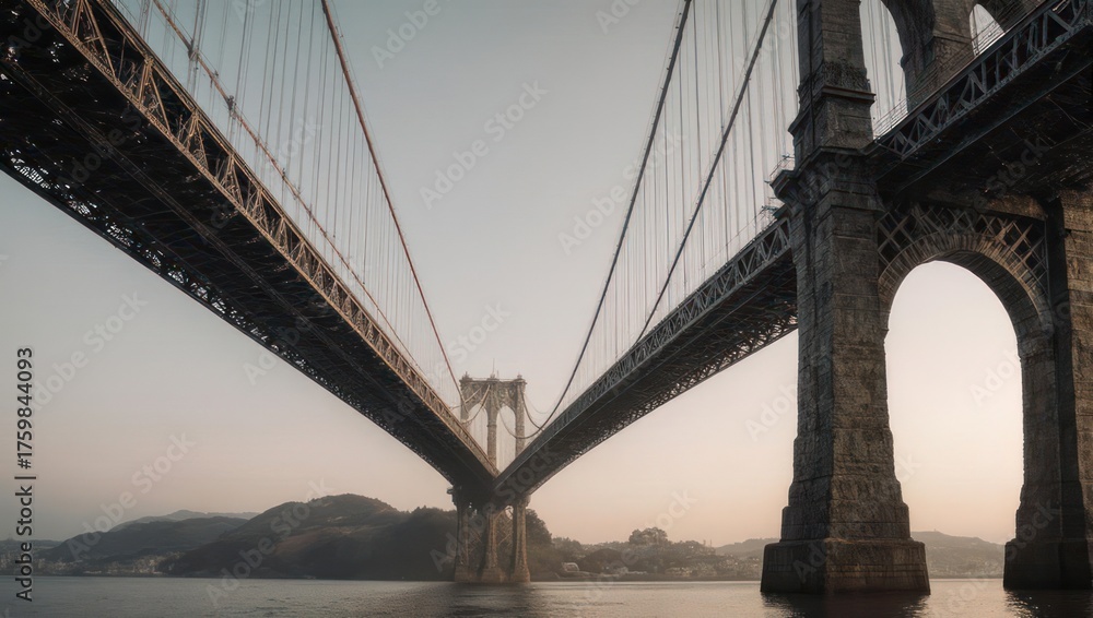 Fototapeta premium Dramatic Perspective of the Manhattan Bridge at Sunset.