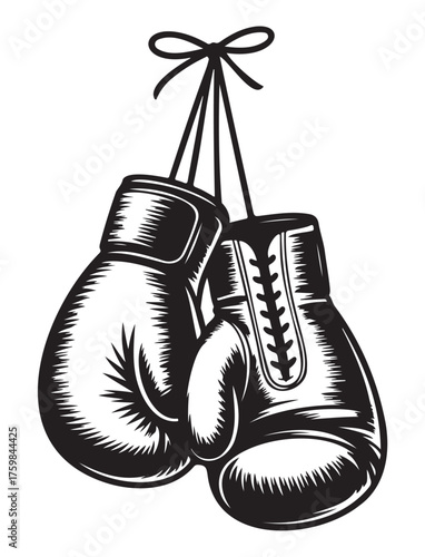 A pair of classic boxing gloves hanging by their laces in a black and white vintage illustration style.