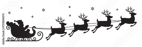 Black silhouette of Santa Claus in a sleigh pulled by five flying reindeer with snowflakes in the sky, depicting a festive Christmas scene.