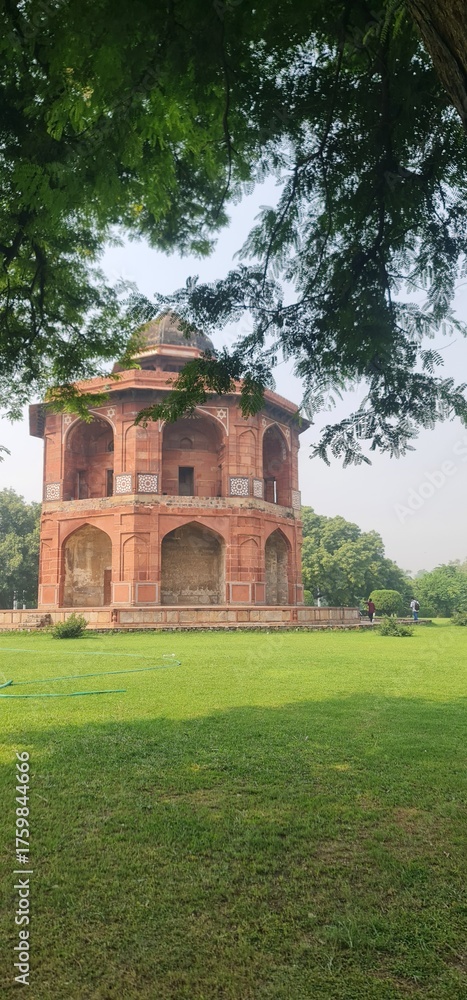 Naklejka premium The Historic Sher Mandal, a Two-Story Octagonal Library and Observatory inside Purana Qila, Delhi, India