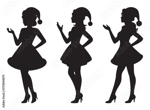 Three black silhouettes of women in short dresses and Santa hats, posing elegantly on a white background.