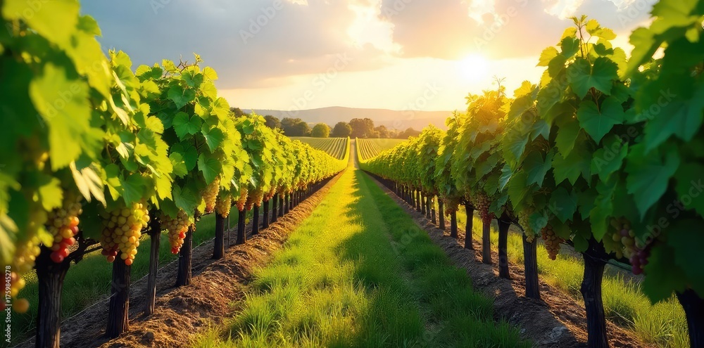 Naklejka premium Sun-drenched rows of grapevines stretching across a picturesque vineyard, ready for harvest Lush green leaves and ripe bunches of grapes hanging heavy on the vines , vineyard rows, harvest, vines