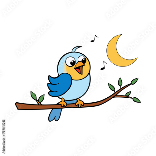 Cheerful cartoon bird perched on a branch under a crescent moon at night