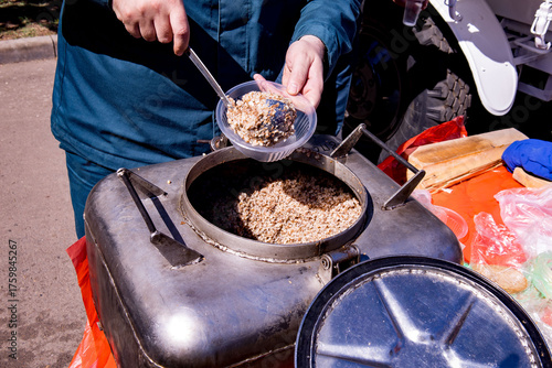 Volunteers distributing free food during a natural disaster or conflict