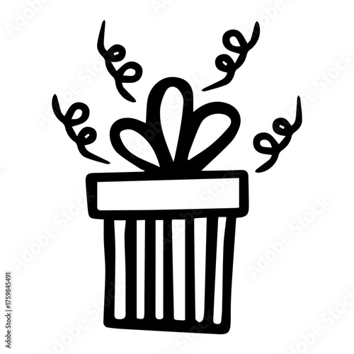 Simple gift box icon with ribbon and confetti in doodle style. Vector illustration isolated on white background. Perfect for web icons, greeting cards design, birthday, christmas, celebration.