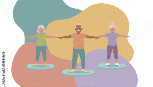 Active seniors balancing doing exercises for healthy aging and an active lifestyle