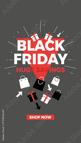 Black Friday huge savings sale graphic with shopping bags gift boxes and Shop Now button