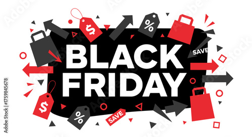 Bold Black Friday sale graphic with shopping bags and discount tags