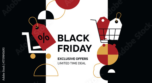 Black Friday exclusive offers banner featuring geometric shopping carts and price tags