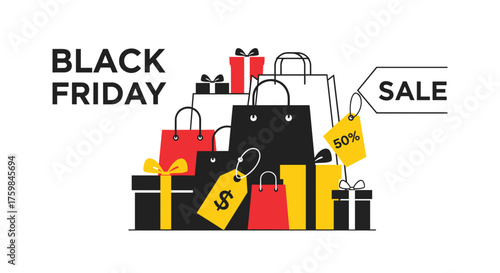 Black Friday mega sale with shopping bags gifts and 50 discount tags