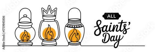 Continuous line art illustration of three lanterns with flames for All Saints' Day celebration.