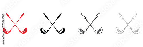 crossed golf stick vector icon, pair of iron or wedge golf club vector, silhouette and line art
