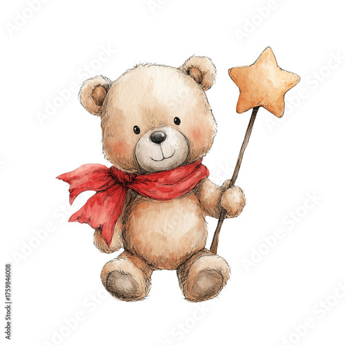 Whimsical teddy bear with a star wand and red scarf in soft watercolor style
