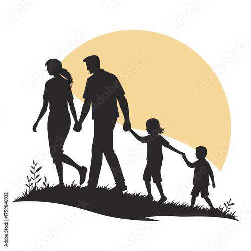 Happy family silhouette walking hand in hand at sunset parents with children enjoying evening stroll