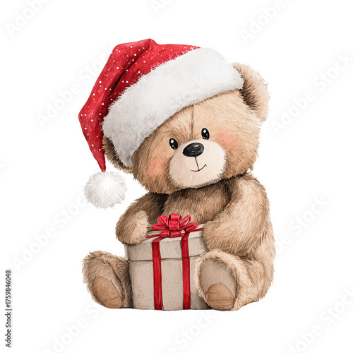 Festive teddy bear wearing santa hat holds wrapped gift with joy in a cheerful scene
