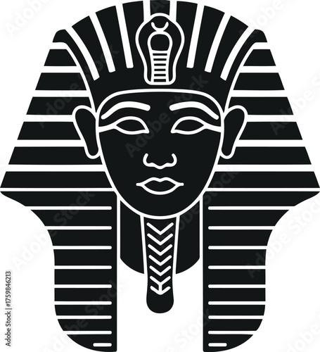 Stylized black and white illustration of an ancient Egyptian pharaohs headdress and face