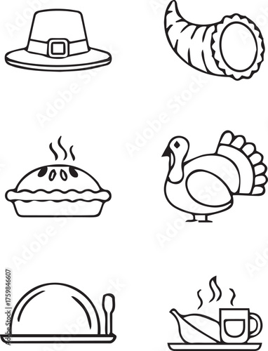 Thanksgiving and autumn harvest line art icons collection
