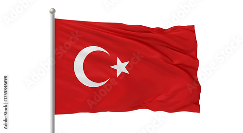 A waving turkish flag with a white crescent moon and star against a plain white background on a pole