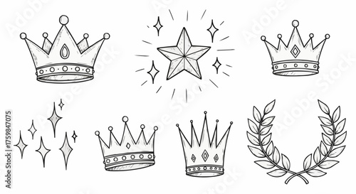 Hand drawn collection of crowns stars and laurel wreath doodles.