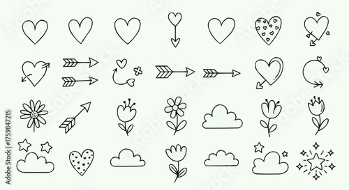 Doodle Style Heart, Arrow, Flower, and Cloud Icon Set.