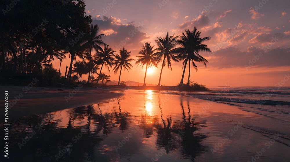 Obraz premium Golden Bali Tropical Sunset with Palm Trees