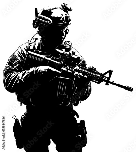 armed soldier in tactical gear posing with rifle on a transparent background, black, gun, man, soldier 