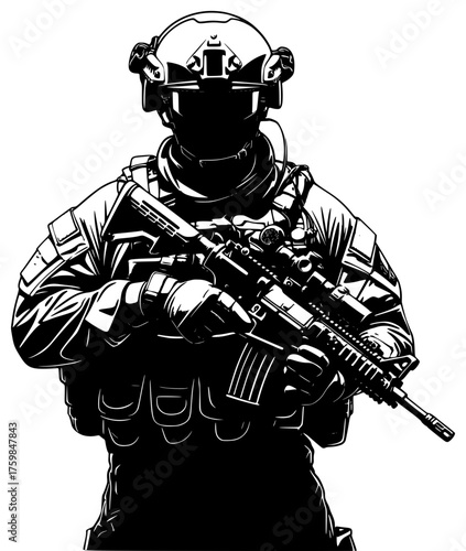 armed soldier in tactical gear posing with rifle on a transparent background, art, black, drawing, person, soldier 
