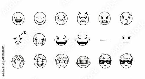 Diverse Hand Drawn Doodle Emoticons and Facial Expressions Collection.