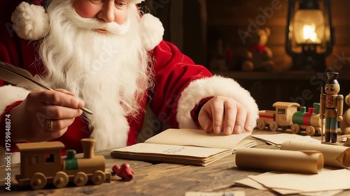 Real Santa Writing Naughty and Nice List in Cozy Christmas Workshop, Warm Holiday Scene
