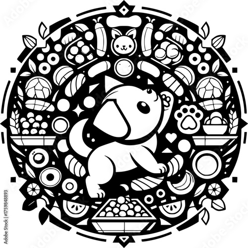 Whimsical Dog's Day Feast: A playful puppy surrounded by an array of treats and playful objects, embodying the joy and innocence of a dog's world. 