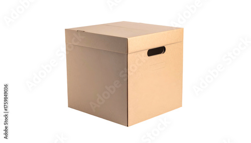 A closed, brown, rectangular cardboard box with a handle cut-out