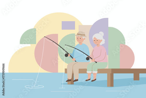 Happy senior couple fishing from a dock enjoying retirement leisure and partnership