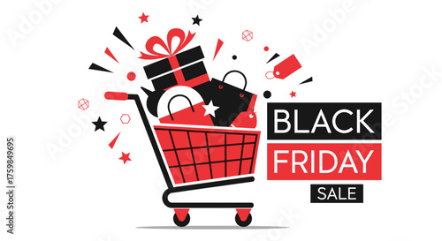 Black Friday Sale illustration with shopping cart gifts and bags Retail promotion event banner