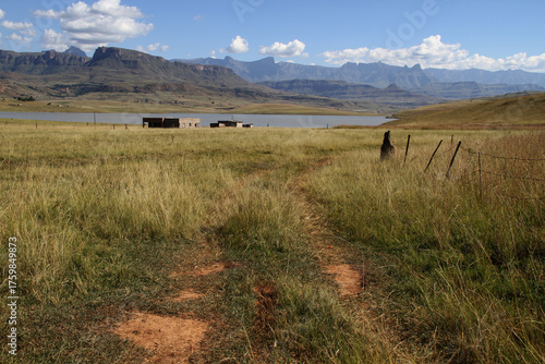 Beautiful view of plains, the Tugela River, and dams with the Drakensberg in the background. KwaZulu-Natal, known for its spectacular views.