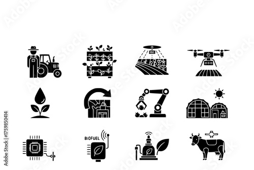 Logistics & Supply Chain Automation Black Silhouette Icon Set: Self-Driving Truck, Warehouse Robot, Drone Delivery, and Shipping Container Solid Vectors.