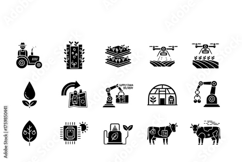 Ag-Tech & Food Production Black Silhouette Icon Set: Farmer, Vertical Farming, Crop Drone Monitoring, and Agricultural Supply Chain Vectors.