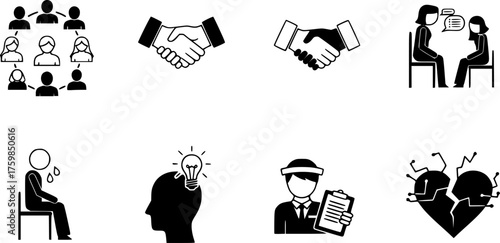 Group Therapy & Mental Health Support Black Silhouette Icon Set: Sitting in a Circle, Shaking Hands, Therapist Listening, and Insight Symbol Vectors.