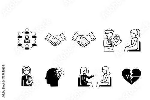Group Therapy & Mental Health Support Black Silhouette Icon Set: Sitting in a Circle, Shaking Hands, Therapist Listening, and Insight Symbol Vectors.