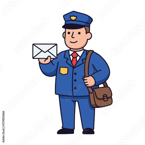 Cartoon illustration of a friendly mailman in uniform holding an envelope and carrying a satchel, delivering mail.