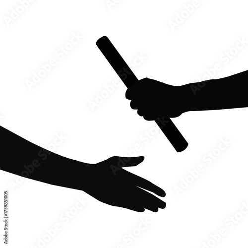 Hands passing baton silhouette, teamwork and relay race concept vector. Cooperation and leadership design in black and white. success and partnership illustration