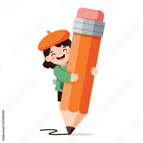 A cute cartoon girl with a beret happily hugging a giant pencil.