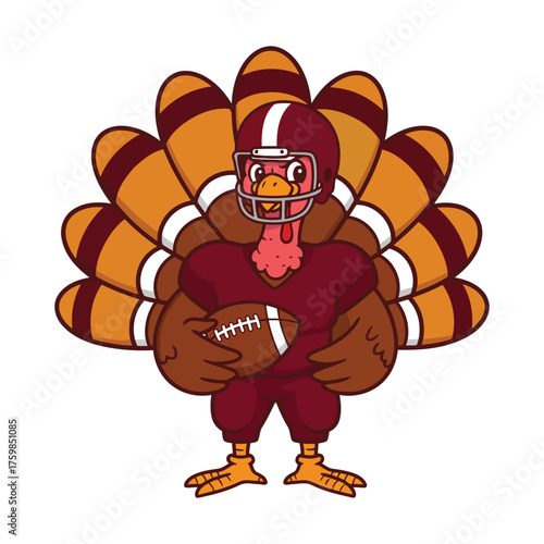 Cartoon turkey wearing football gear and holding a football.